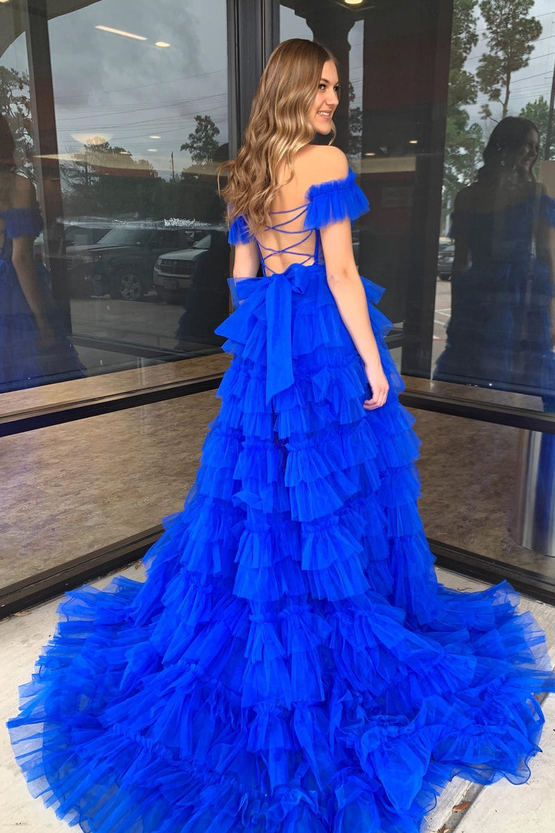 Red Off-the-Shoulder A-line Multi-Layers Long Prom Dress with Slit