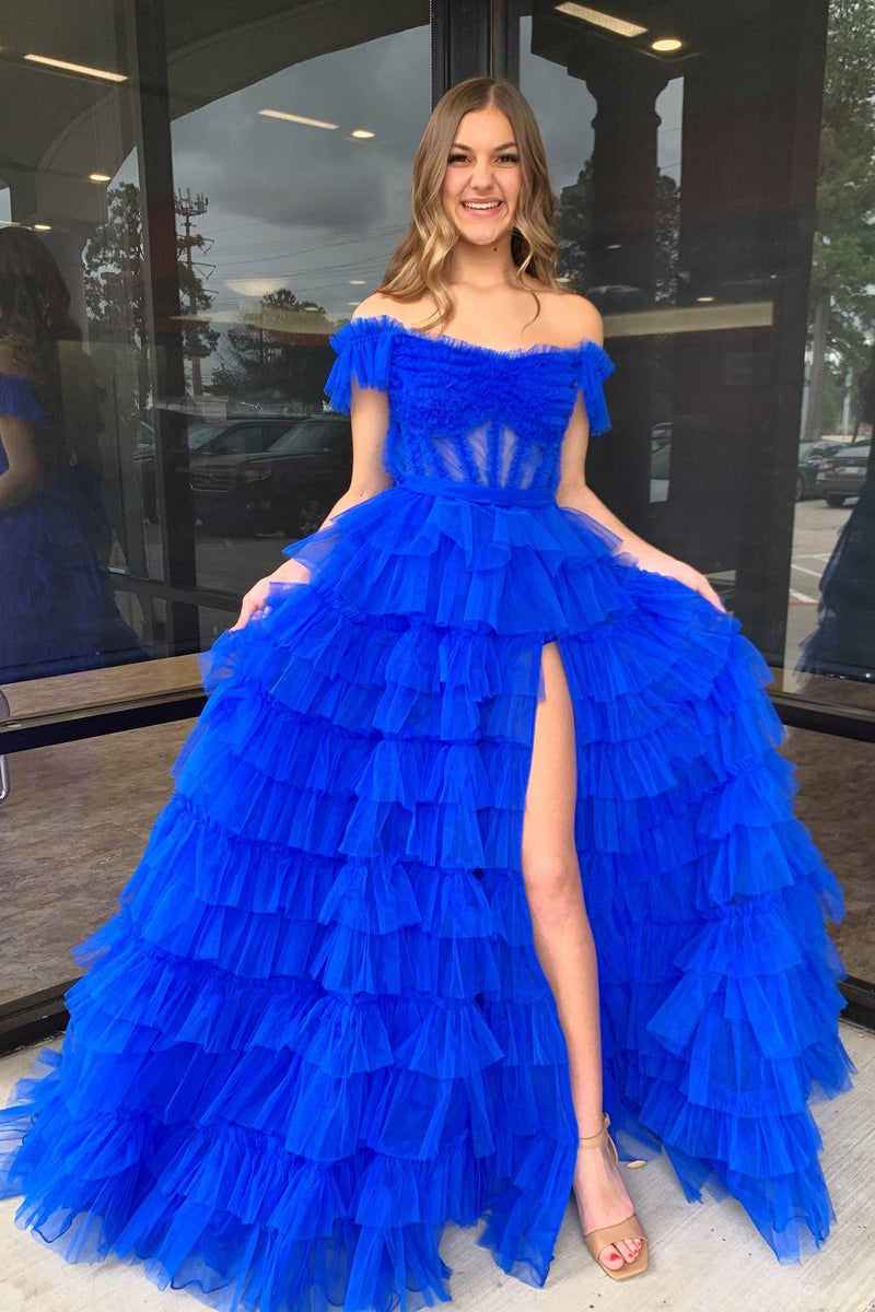 Red Off-the-Shoulder A-line Multi-Layers Long Prom Dress with Slit