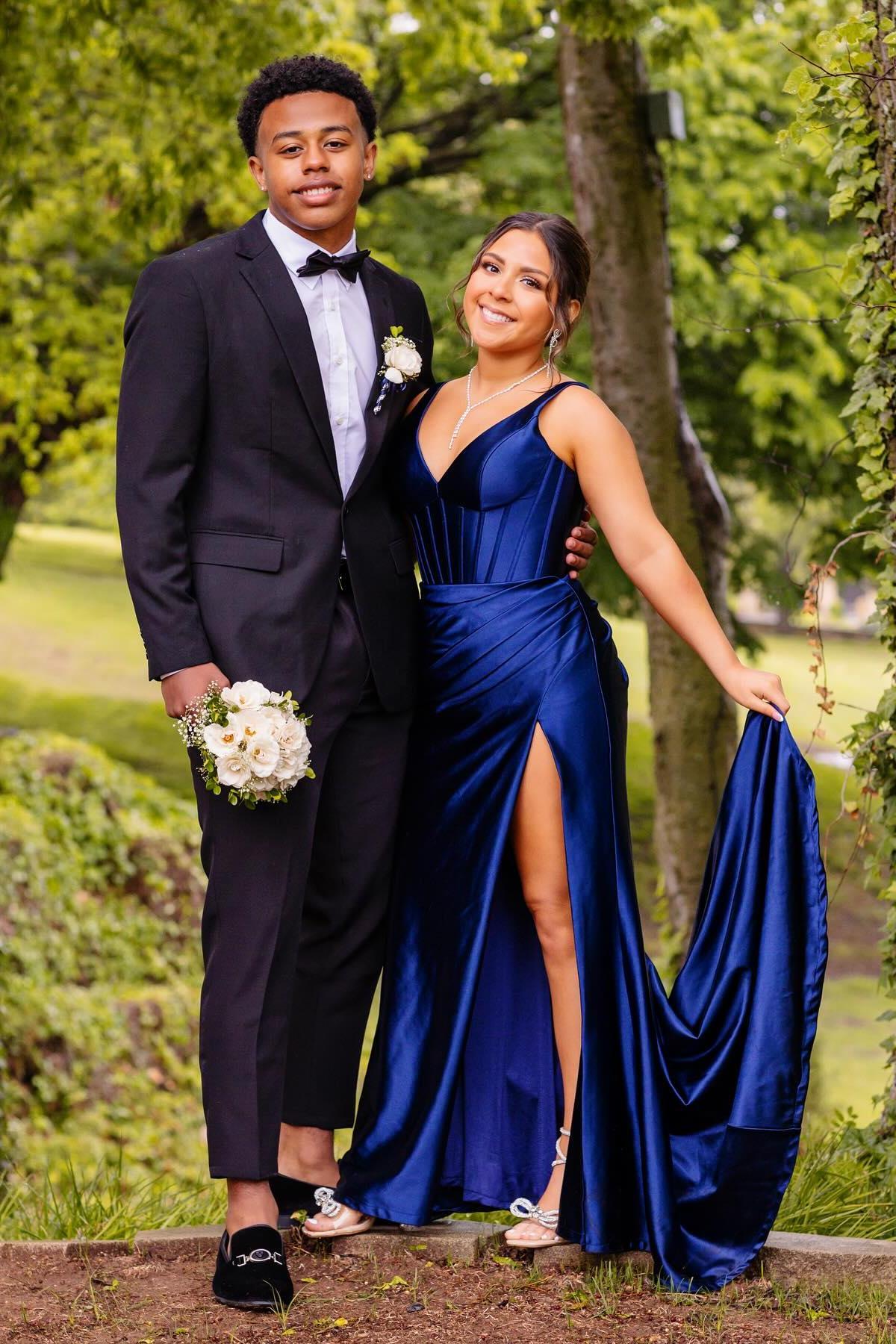 Purple Mermaid Satin V Neck Long Prom Dress with Slit