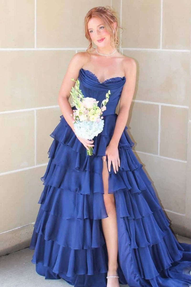 Sweetheart Yellow Lace Appliques A-line Ruffle Prom Dress