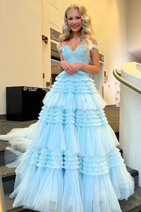Pink Tulle Lace Off-the-Shoulder Ruffles Tiered Long Prom Dress