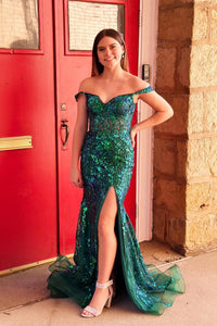 Fuchsia Off-Shoulder Sequined Floral Mermaid Long Prom Dress with Slit