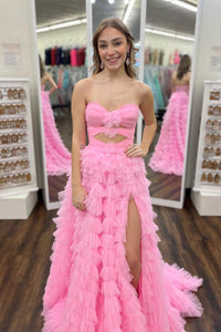 Red Strapless A-line Layers Bows Long Prom Dress with Slit