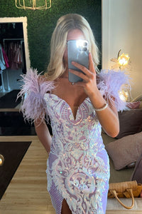 Blue Deep Off-the-Shoulder Sequins-Embroidered Sheath Homecoming Dress