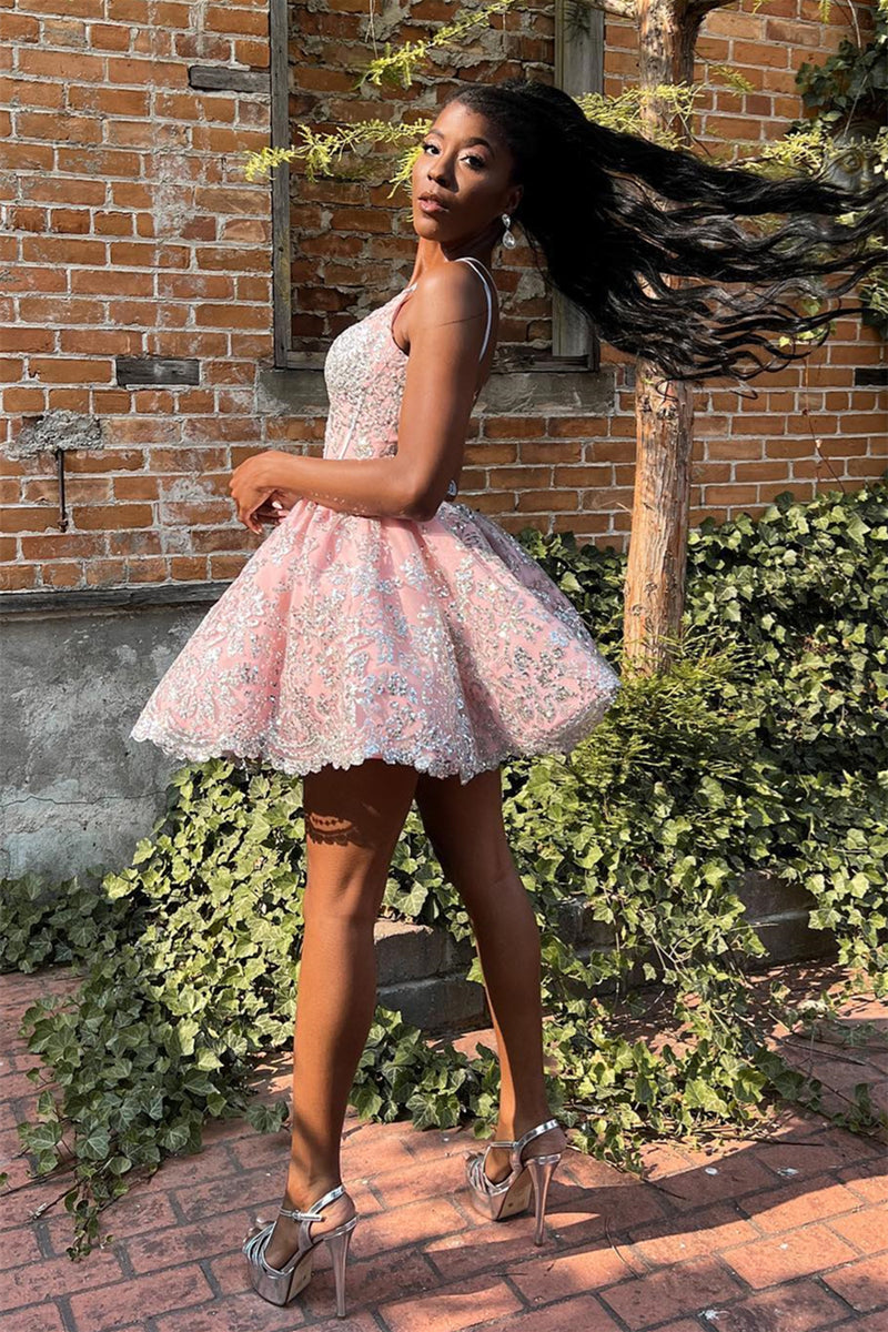 Pink Lace-Up Silver Appliques A-line Homecoming Dress