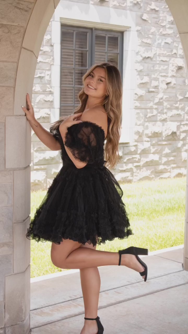 Pink Off-the-Shoulder Ruffles Puff Sleeves Homecoming Dress