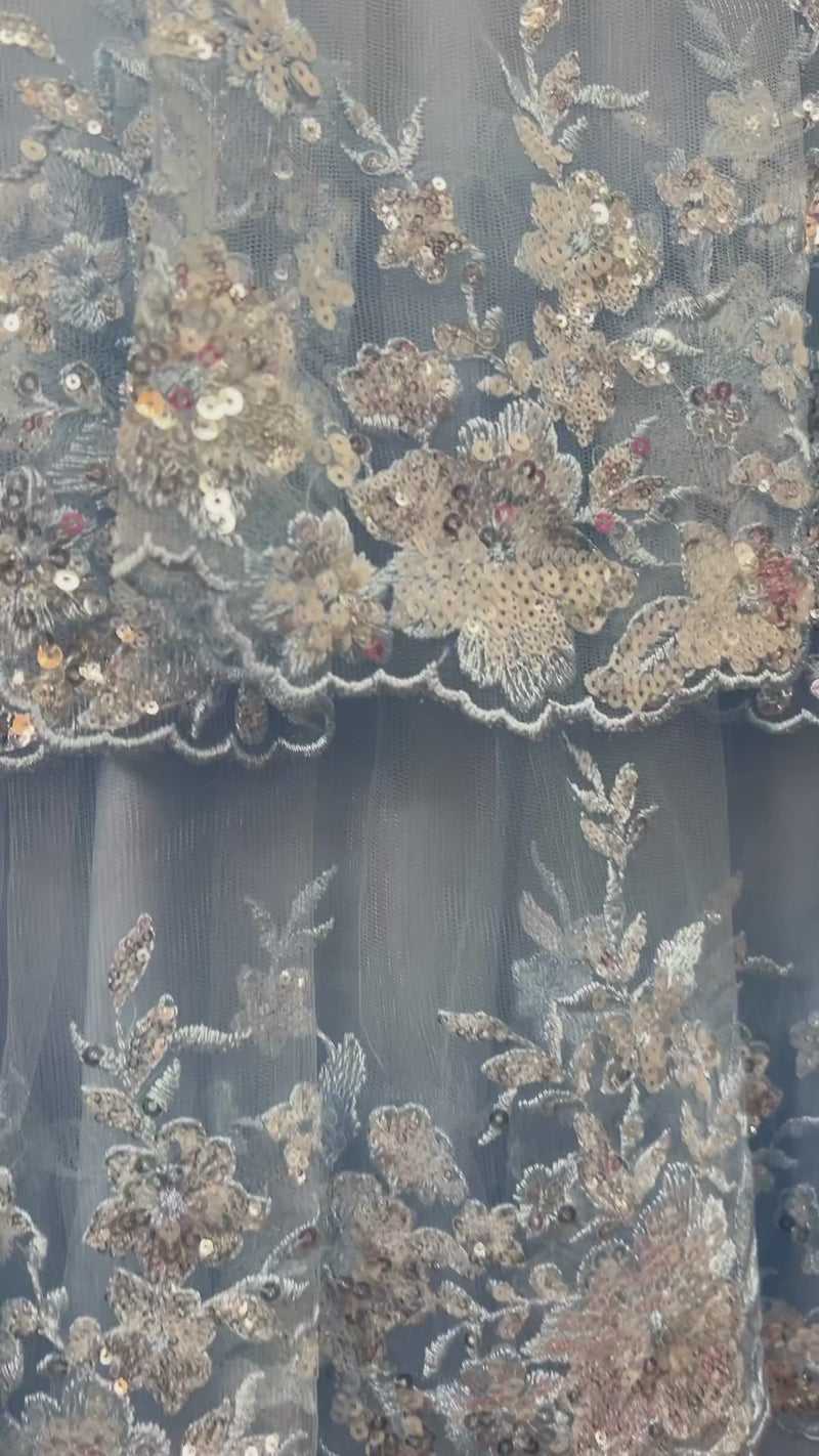 Navy Blue Floral Multi-Layers Sequined Straps Long Prom Dress