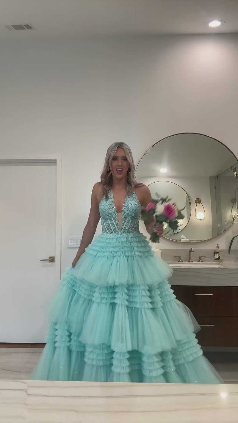 Pink Plunging V Halter Layers A-line Long Prom Dress