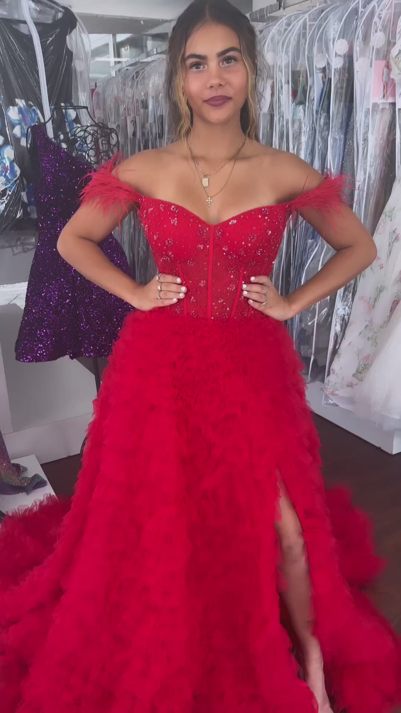 Pink Off-the-Shoulder Feathers Ruffle-Layers Beaded Long Prom Dress