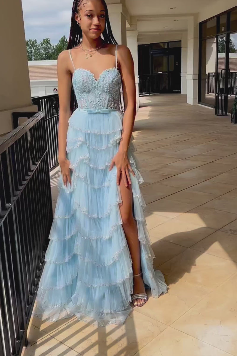 White Straps Floral Sequined Multi-Layers Long Prom Dress with Slit