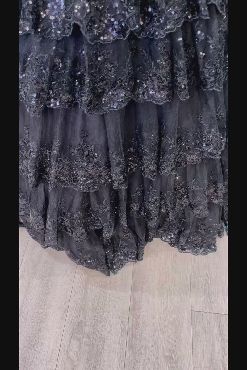 Navy Blue Floral Multi-Layers Sequined Straps Long Prom Dress