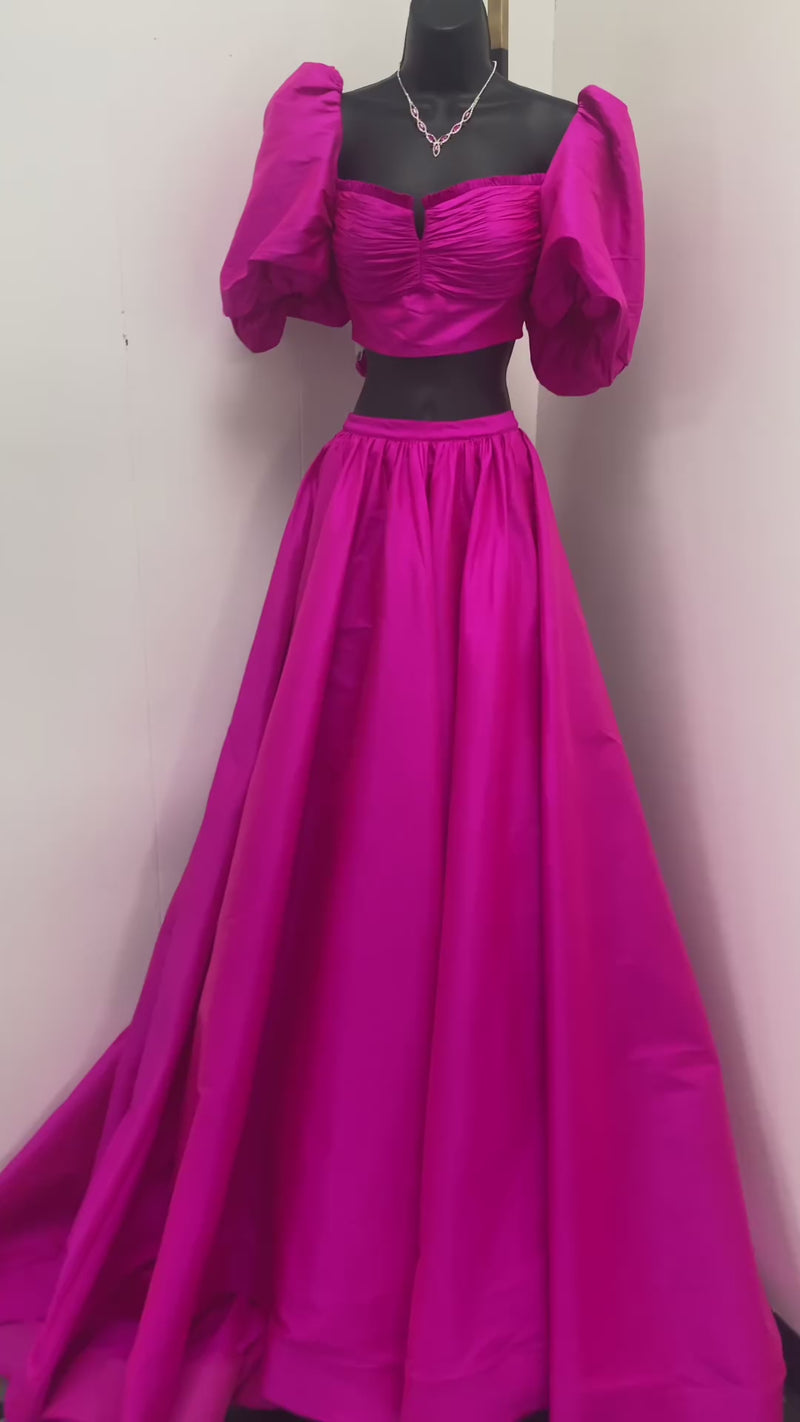 Green Puff Sleeves Bow Tie Back Two-Piece Aline Long Prom Dress with Slit