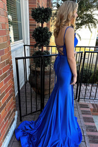 Fuchsia Ruffled Plunging V Mermaid Satin Long Prom Dress with Slit