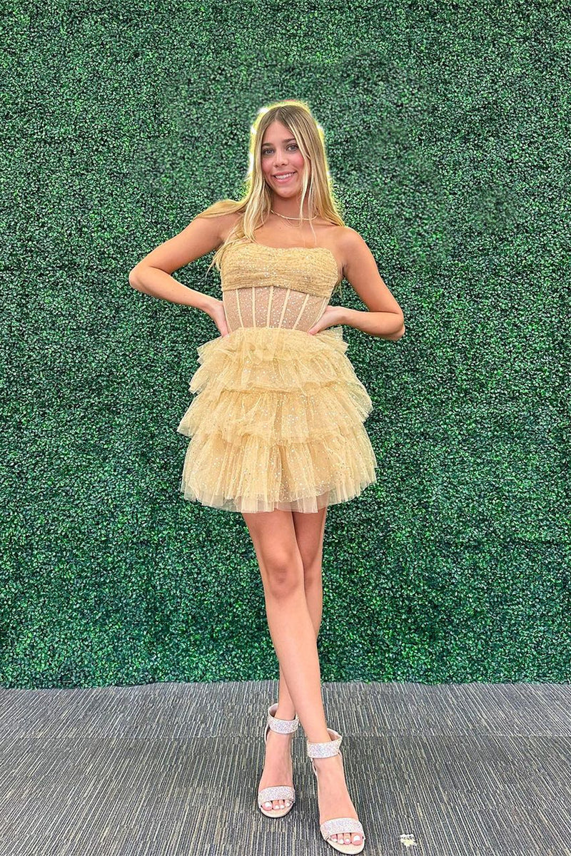 Black Strapless Beaded Multi-Layers Homecoming Dress