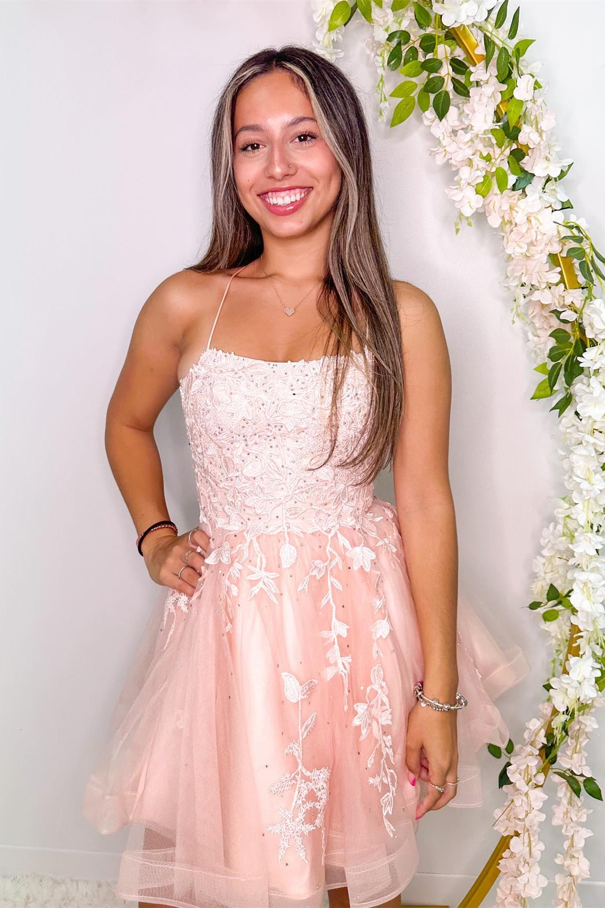 Peach Appliques Lace-Up Back A-Line Short Party Dress