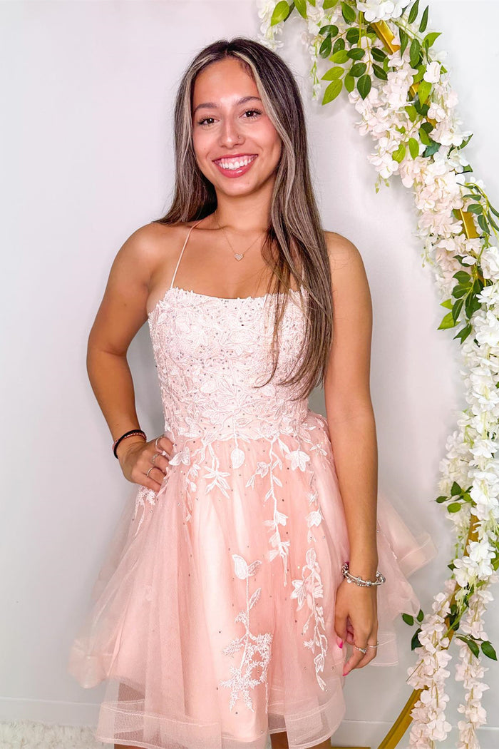 Peach Appliques Lace-Up Back A-Line Short Party Dress