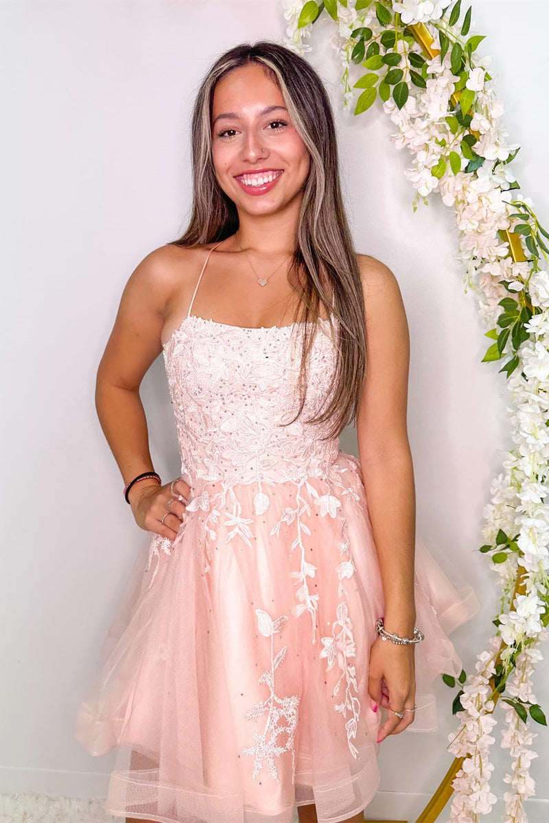 Peach Appliques Lace-Up Back A-Line Short Party Dress