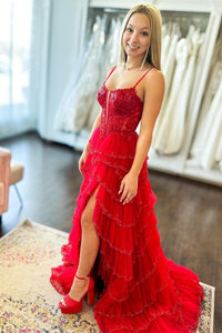 Light Pink Spaghetti Straps Sequined Layers Floral Long Prom Dress with Slit