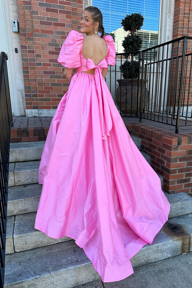 Green Ruffled Puff Sleeves Satin Long Prom Dress