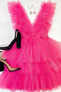 Pink Ruffle-Layers Plunging V Neck Homecoming Dress