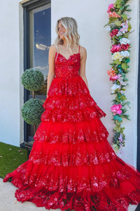 Navy Blue Floral Multi-Layers Sequined Straps Long Prom Dress