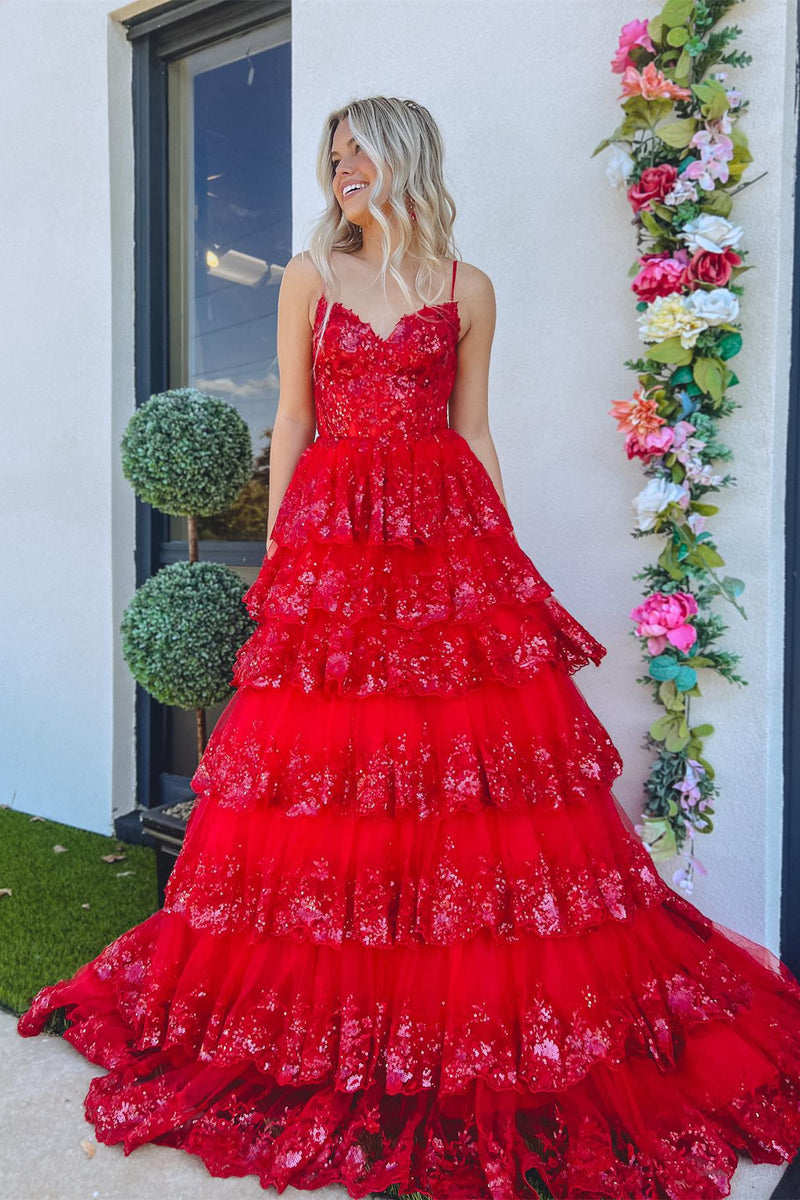 Navy Blue Floral Multi-Layers Sequined Straps Long Prom Dress