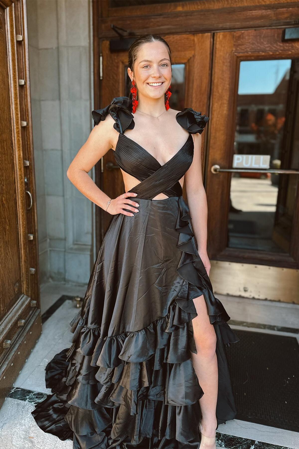 Red Ruffled Crossed Top Hi-Low Layers Long Prom Dress