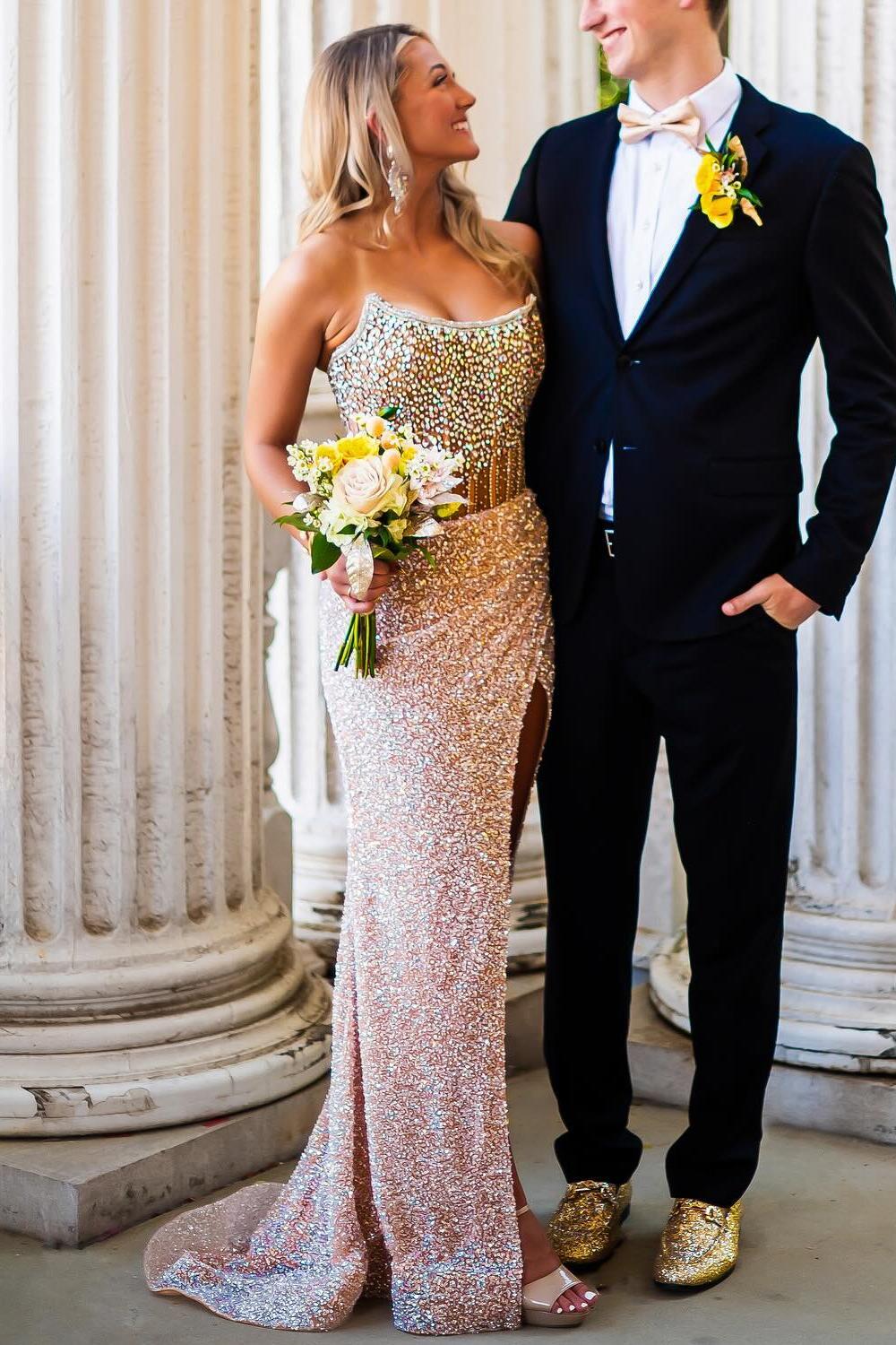 Strapless Beaded Red Sequin Fitted Long Formal Dress