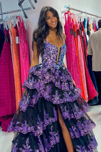 Black A-line Straps Multi-Layers Sequined Long Prom Dress with Slit