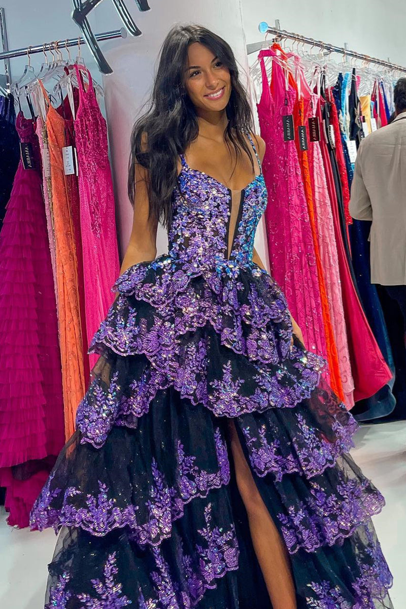 Black A-line Straps Multi-Layers Sequined Long Prom Dress with Slit