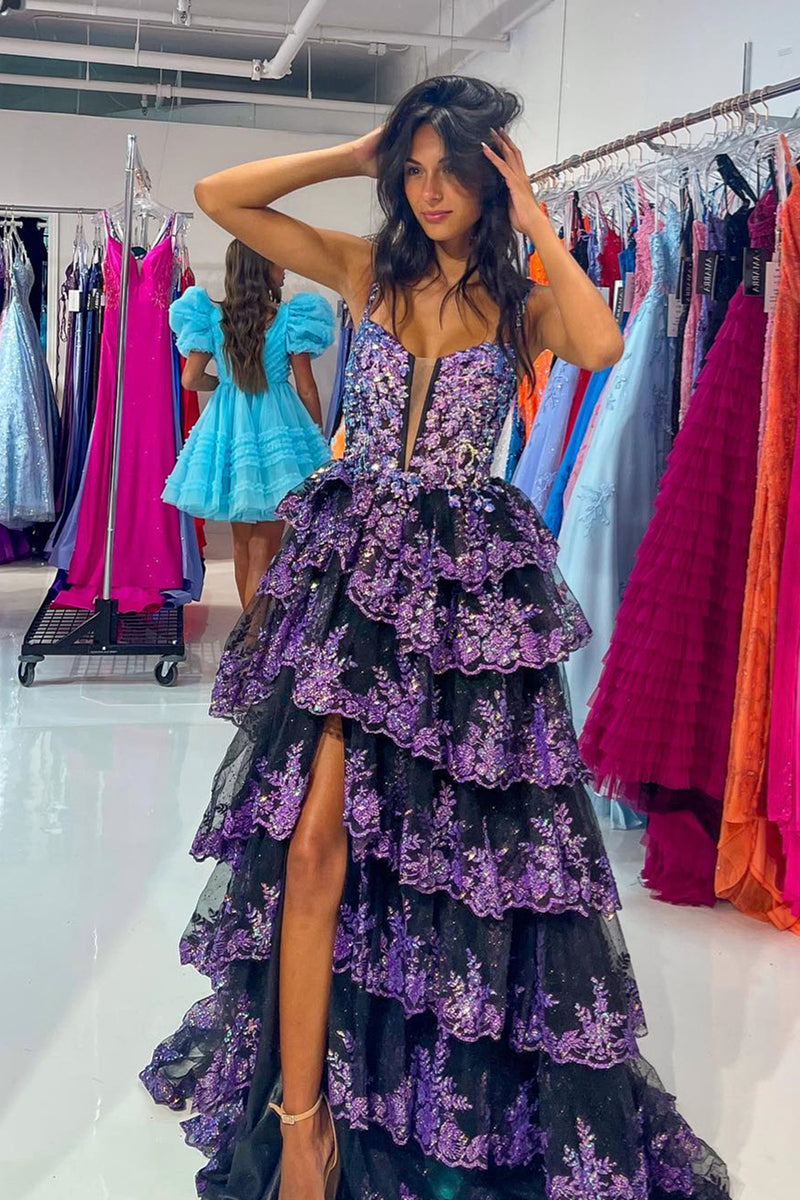 Black A-line Straps Multi-Layers Sequined Long Prom Dress with Slit