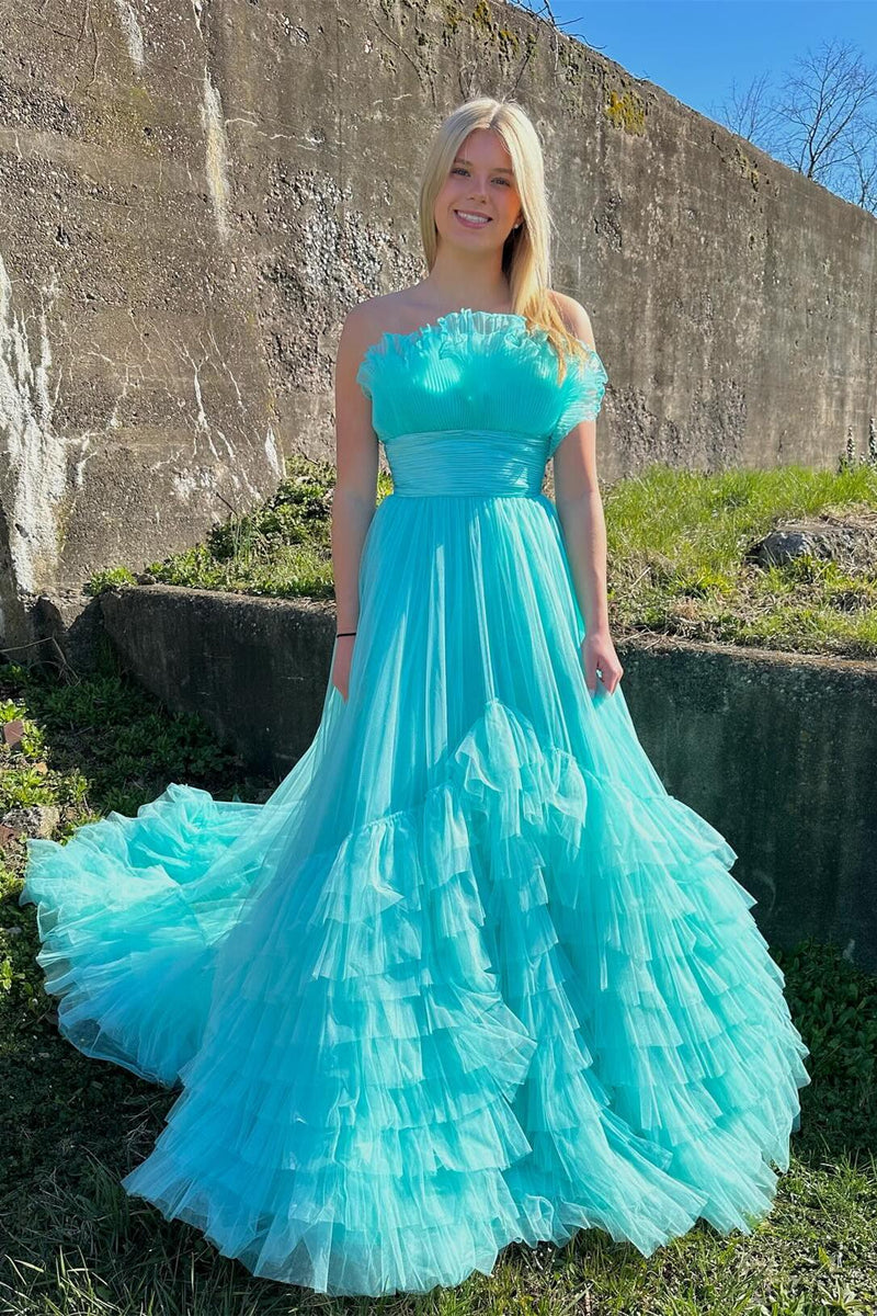 Black Tulle Strapless Belted Tiered Long Dress with Ruffles