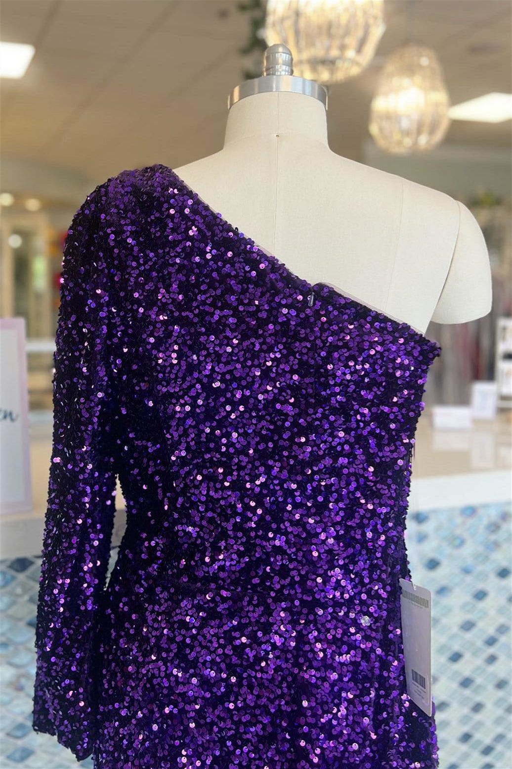 Grape One Shoulder Sequins Sheath Long Sleeve Homecoming Dress