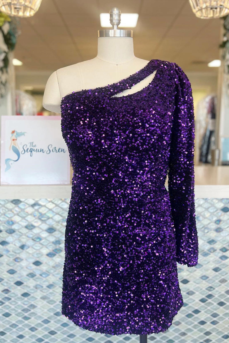 Grape One Shoulder Sequins Sheath Long Sleeve Homecoming Dress