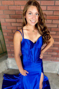 Royal Blue Satin Mermaid Straps Long Prom Dress with Slit