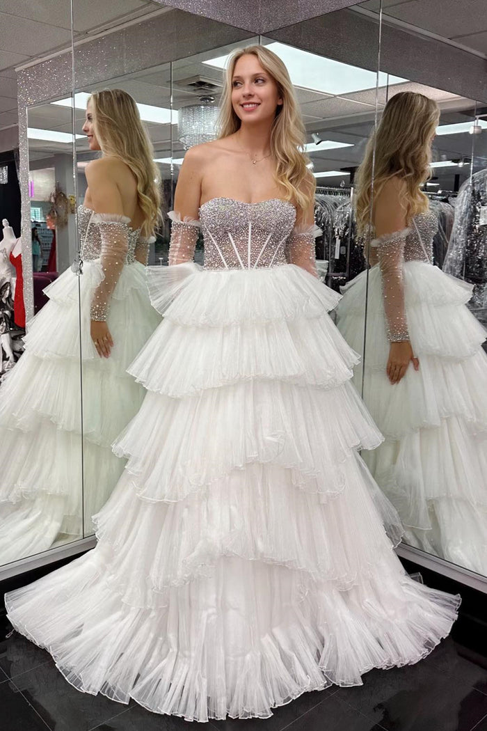 White Beaded Top Strapless Ruffle-Layers Long Prom Dress with  Detachable Sleeves