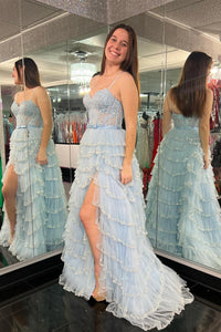 White Straps Floral Sequined Multi-Layers Long Prom Dress with Slit