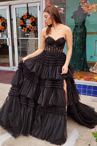 Fuchsia Multi-Layers Strapless Appliques A-line Tulle Long Prom Dress