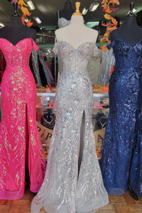 Hot Pink & White & Navy Blue Off-Shoulder Sequined Floral Mermaid Long Prom Dress with Slit