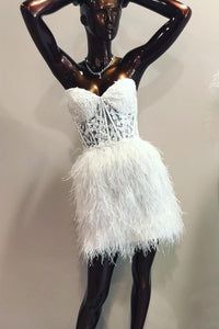 White Strapless Appliques Sheath Homecoming Dress with Feathers