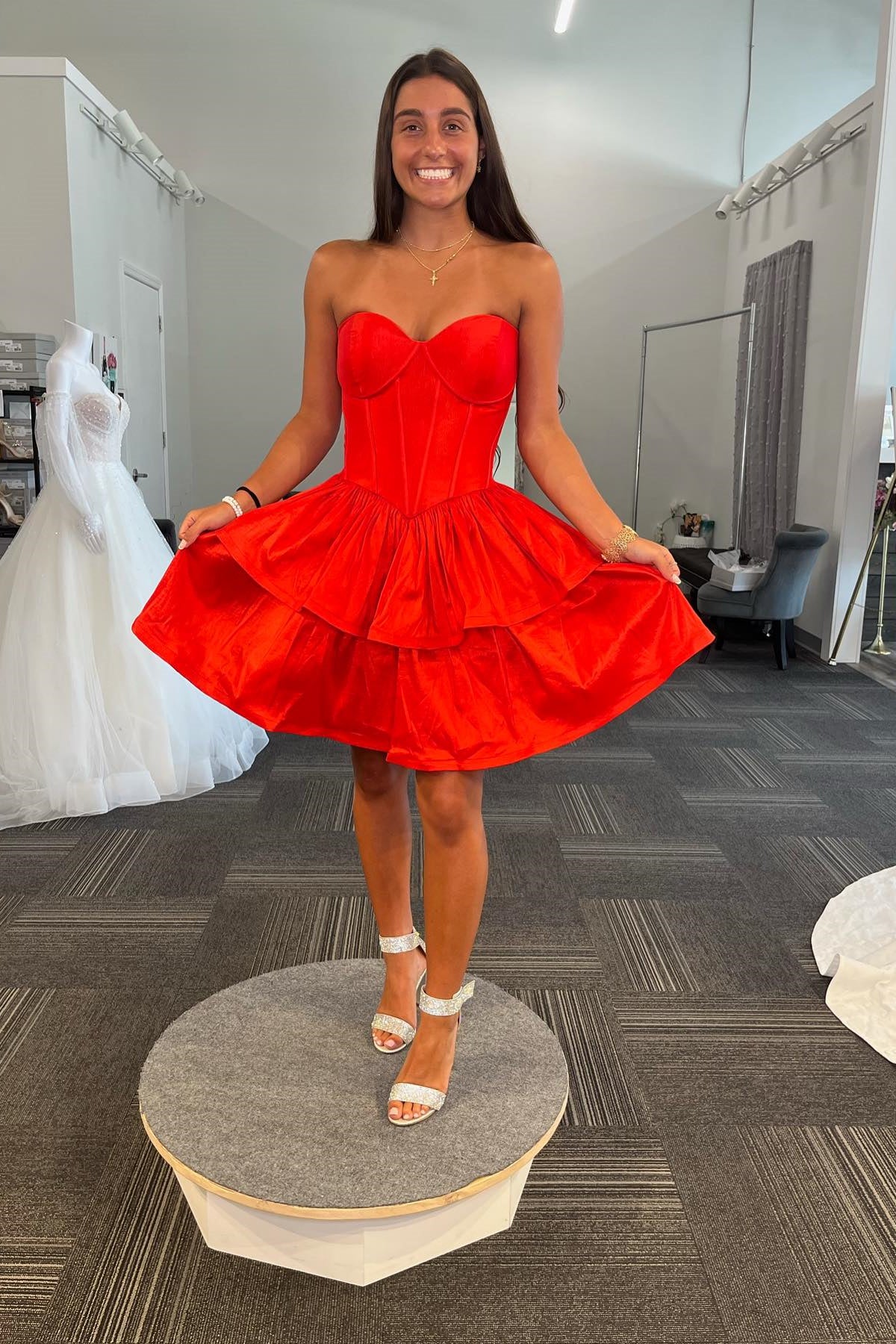 Black Strapless Satin Multi-Layers Homecoming Dress