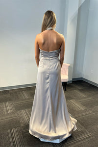 Grey Satin Halter Mermaid Long Prom Dress with Slit