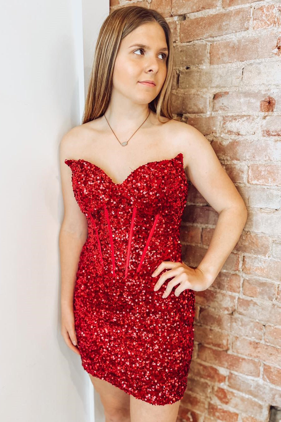 Short Red Sequin Strapless Cocktail Dress