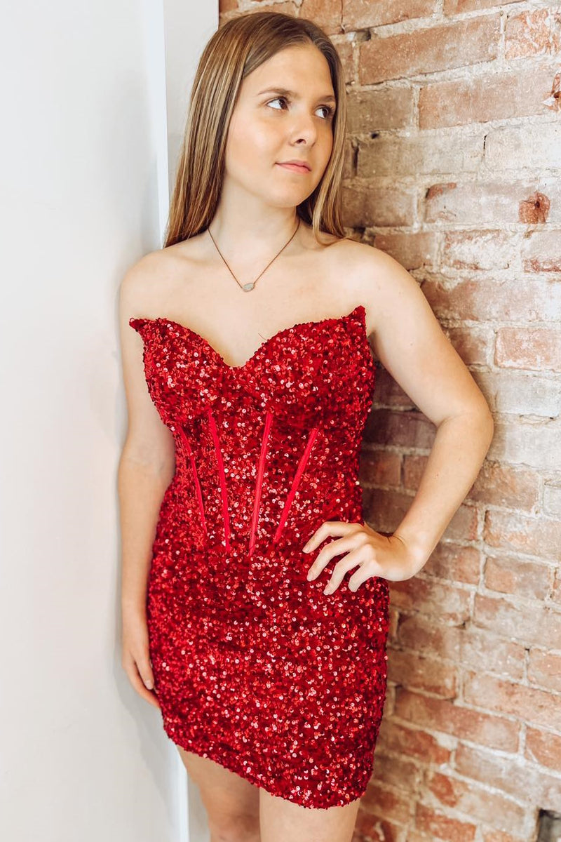 Short Red Sequin Strapless Cocktail Dress