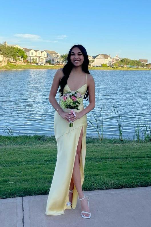 Sexy Straps Yellow Soft Satin Long Dress