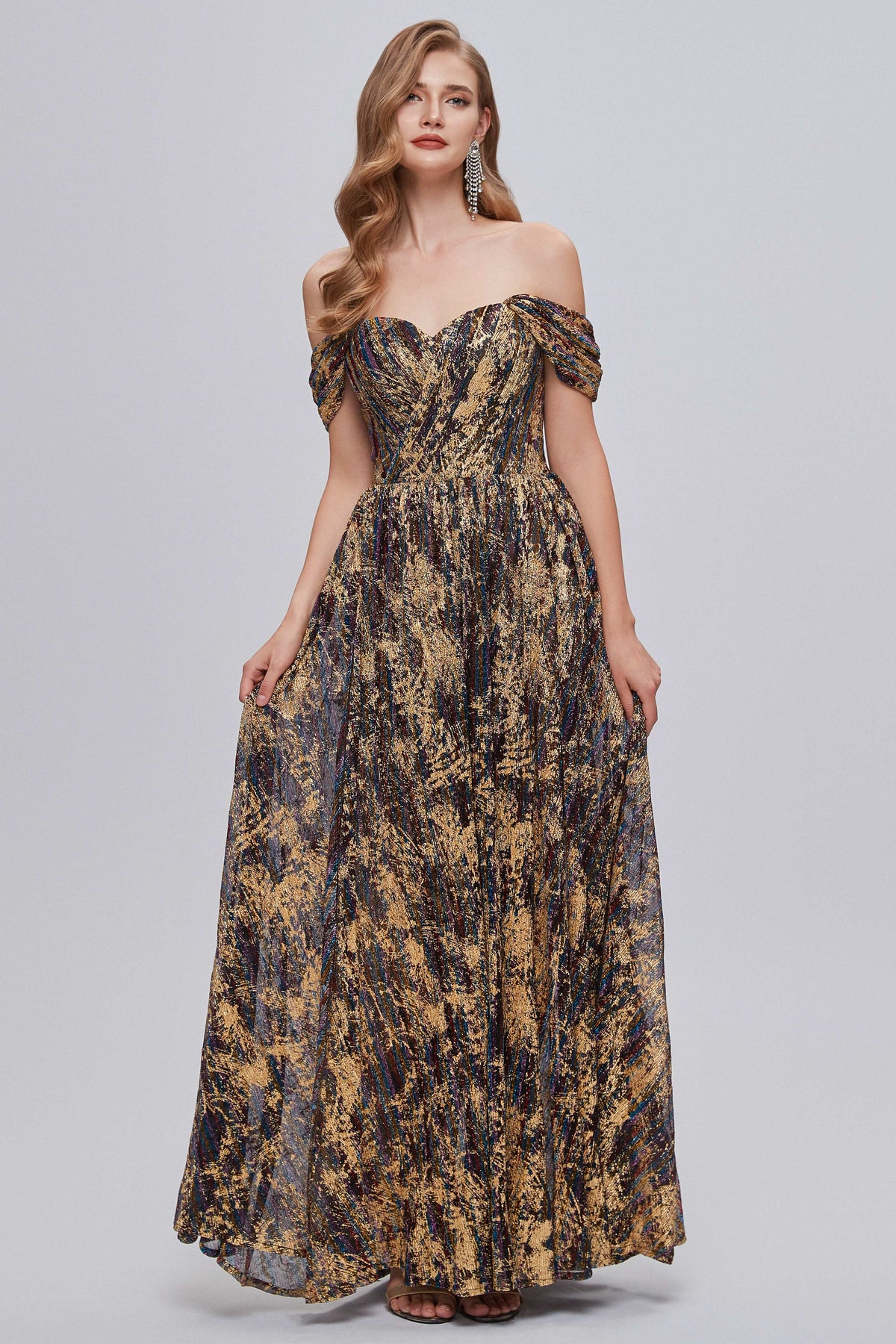 Black and Brown Floral Print Off-the-Shoulder A-Line Long Prom Dress