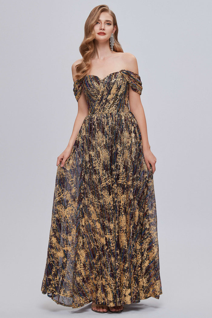 Black and Brown Floral Print Off-the-Shoulder A-Line Long Prom Dress