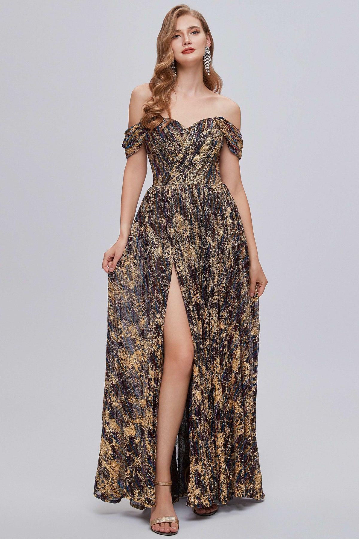 Black and Brown Floral Print Off-the-Shoulder A-Line Long Prom Dress