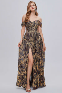 Black and Brown Floral Print Off-the-Shoulder A-Line Long Prom Dress