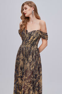 Black and Brown Floral Print Off-the-Shoulder A-Line Long Prom Dress